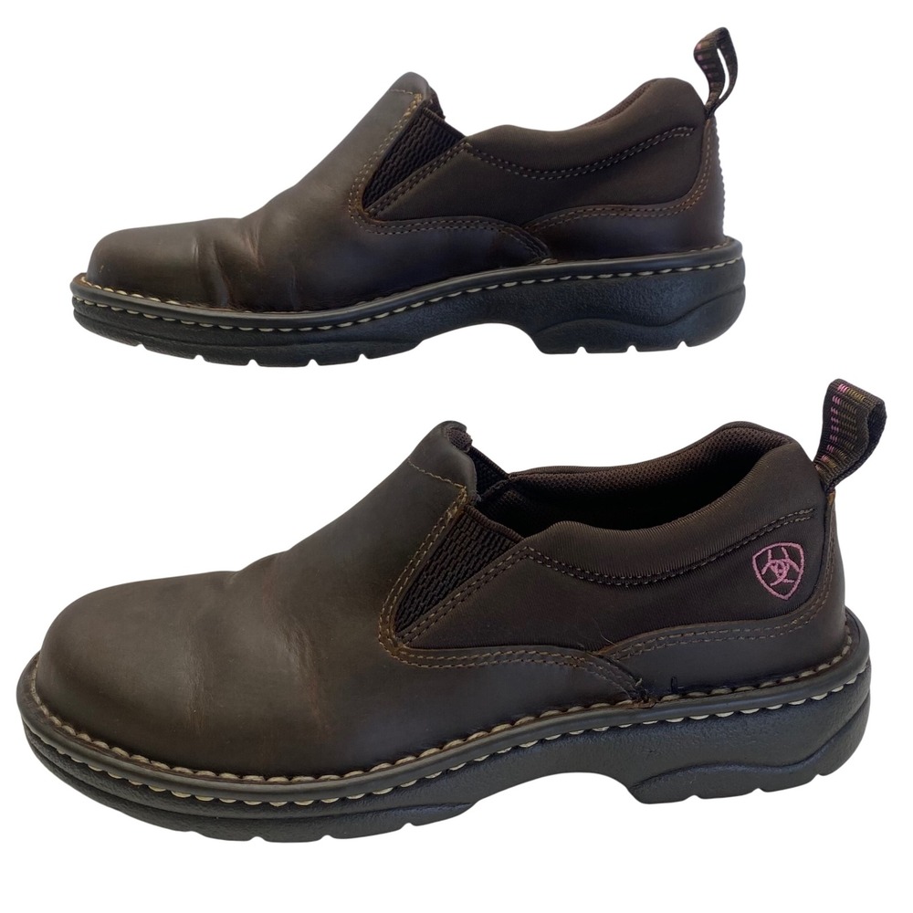 Ariat Traverse Womens 7.5B Slip On Leather Comfort Work Shoes Brown Pink Accent